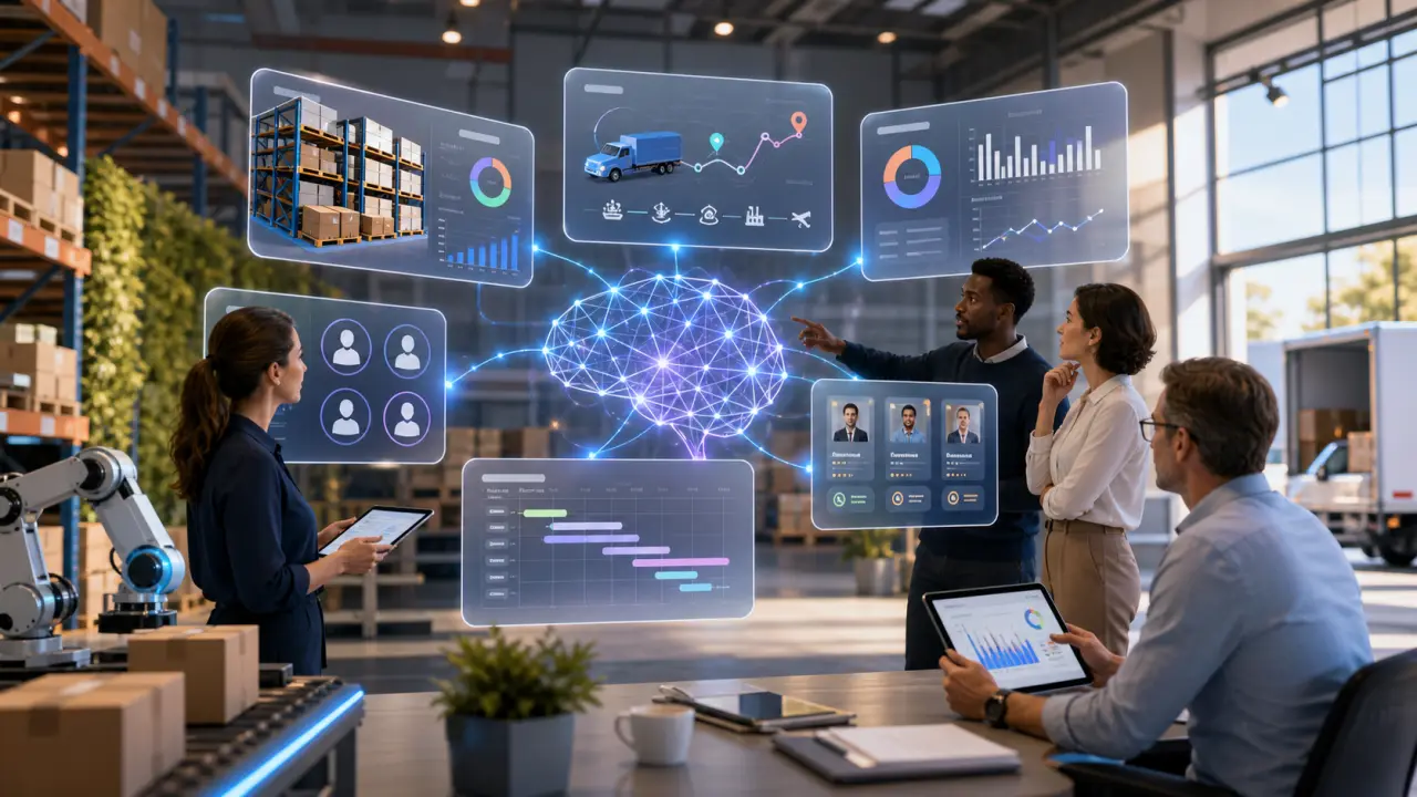 Interface de gestion isométrique avec tableaux de bord IA, stocks et indicateurs de performance