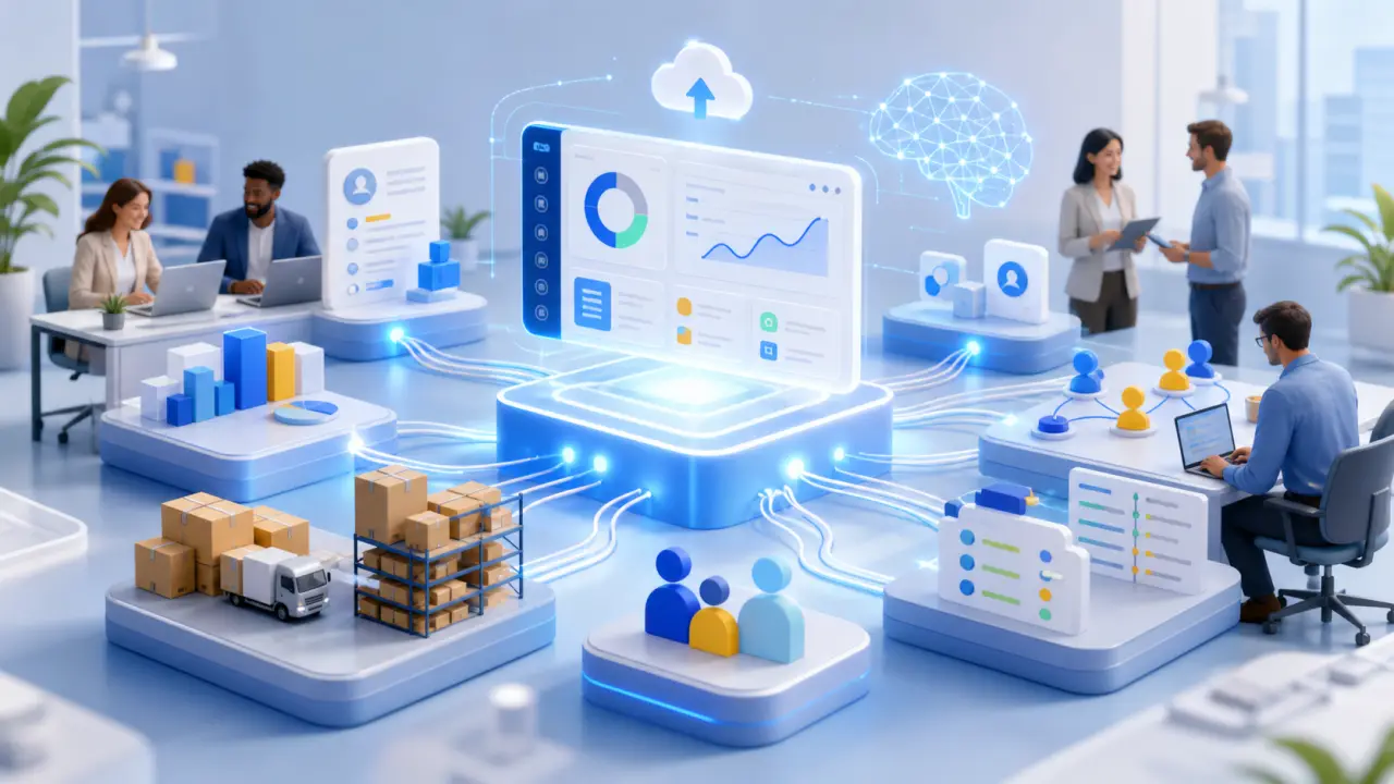 Interface ERP PME isométrique avec tableaux de bord, graphiques de croissance et modules de gestion connectés