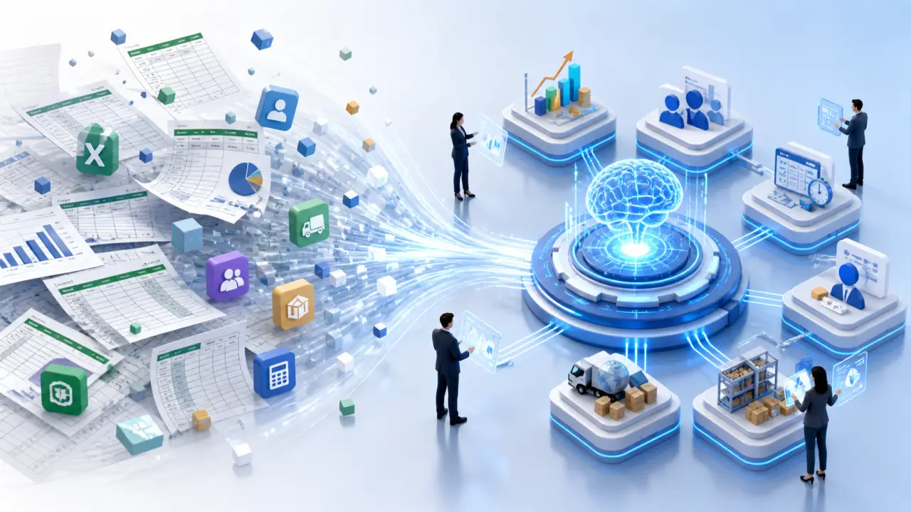 Interface ERP IA moderne avec tableaux de bord de gestion et graphiques de croissance