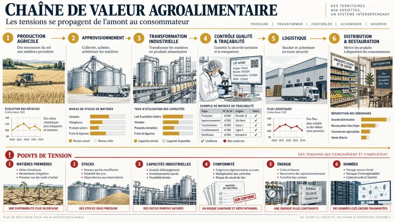 Chaîne de valeur couverte par un cabinet conseil agroalimentaire, de la production à la distribution