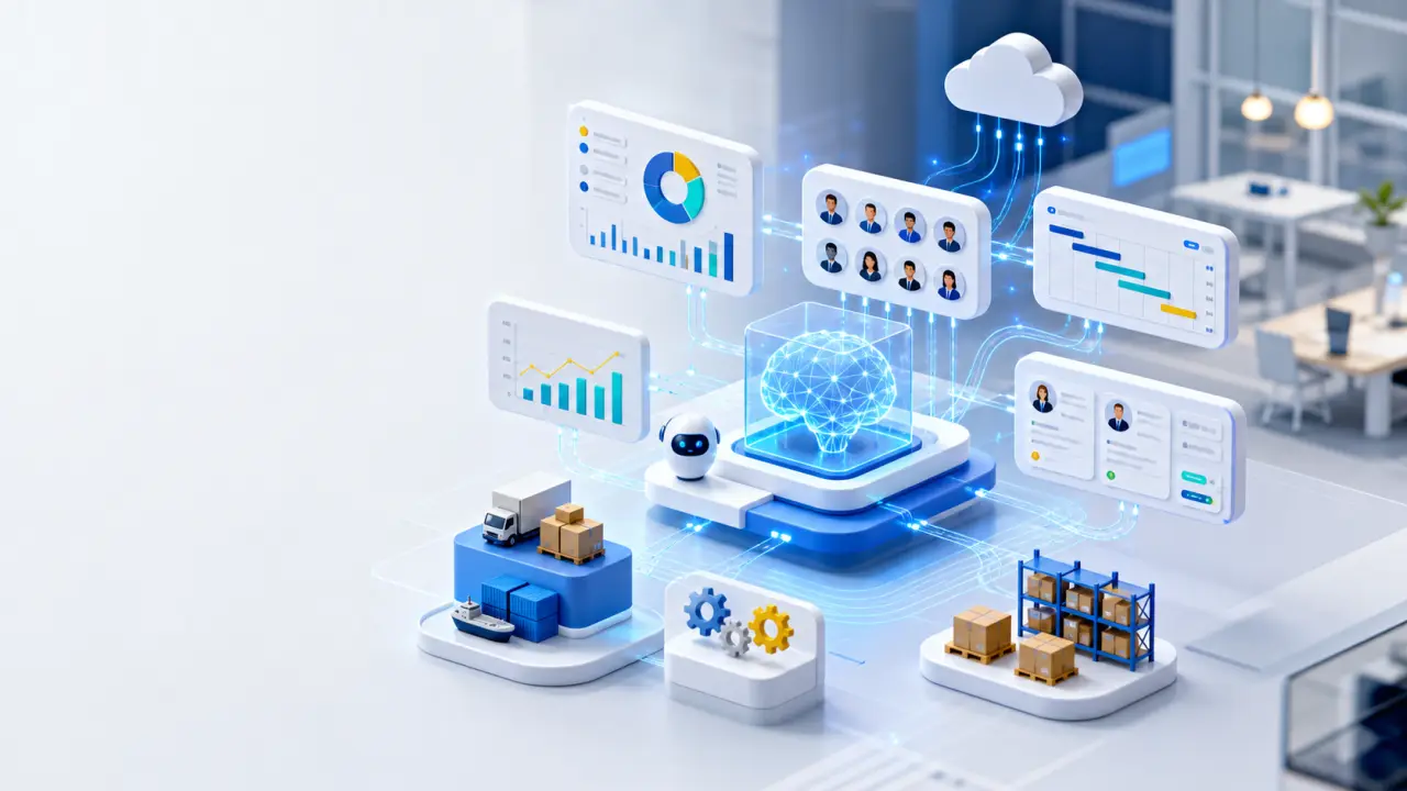 Interface ERP moderne avec tableaux de bord financiers et opérationnels unifiés par l’intelligence artificielle